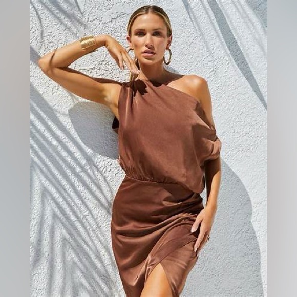 Chocolate satin midi dress. Off shoulder.  Midi length. Never once. - Picture 3 of 10